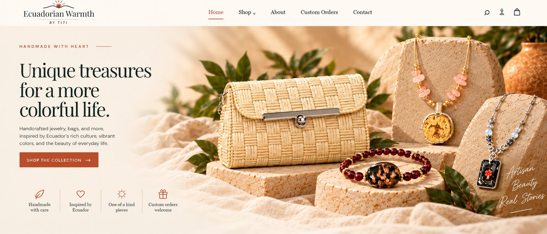 Approved Ecuadorian Warmth by Titi homepage hero with cream woven clutch, necklace, bracelet, and black pendant necklace.